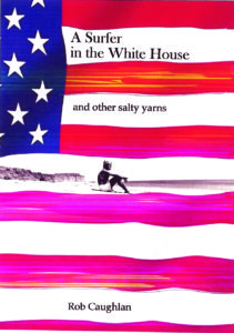 Book cover of Caughlan's book. An American flag is the background with a faded beach scene with a man sitting on the sand. 
