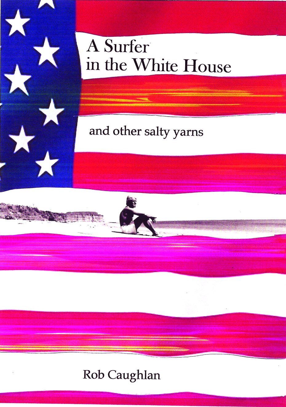 Book cover of Caughlan's book. An American flag is the background with a faded beach scene with a man sitting on the sand.